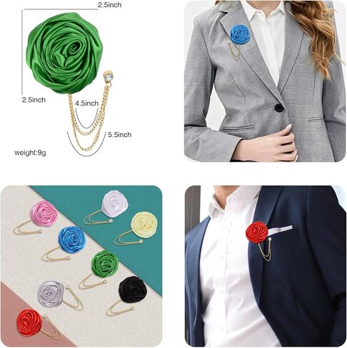 8 Pieces Elegant Rose Flower Men's Lapel Pins Handmade Satin Flower Brooches with Hanging Tassel Chain for Men Suit Wedding Party Groom Jewelry Accessories in Saudi Arabia