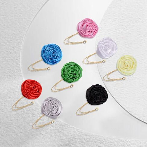 8 Pieces Elegant Rose Flower Men's Lapel Pins Handmade Satin Flower Brooches with Hanging Tassel Chain for Men Suit Wedding Party Groom Jewelry Accessories in Saudi Arabia