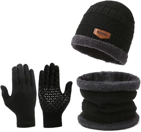 Winter Beanie Hats Scarf Touchscreen Gloves Set for Men Women, Thick Warm Beanie Gloves Neck Set with Knit Fleece Lined in Saudi Arabia