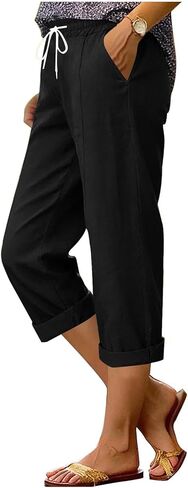 LRMQS Capri Pants for Women Casual Summer Straight Leg Elastic Waist Drawstring Cotton Linen Capris Pant Spring Beach Clothes in Saudi Arabia