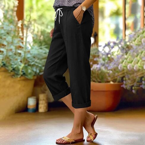 LRMQS Capri Pants for Women Casual Summer Straight Leg Elastic Waist Drawstring Cotton Linen Capris Pant Spring Beach Clothes in Saudi Arabia