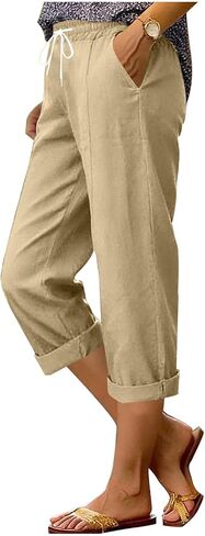 LRMQS Capri Pants for Women Casual Summer Straight Leg Elastic Waist Drawstring Cotton Linen Capris Pant Spring Beach Clothes in Saudi Arabia