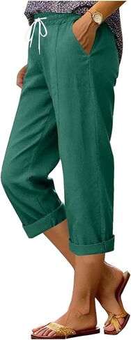 LRMQS Capri Pants for Women Casual Summer Straight Leg Elastic Waist Drawstring Cotton Linen Capris Pant Spring Beach Clothes in Saudi Arabia