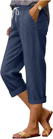 LRMQS Capri Pants for Women Casual Summer Straight Leg Elastic Waist Drawstring Cotton Linen Capris Pant Spring Beach Clothes in Saudi Arabia