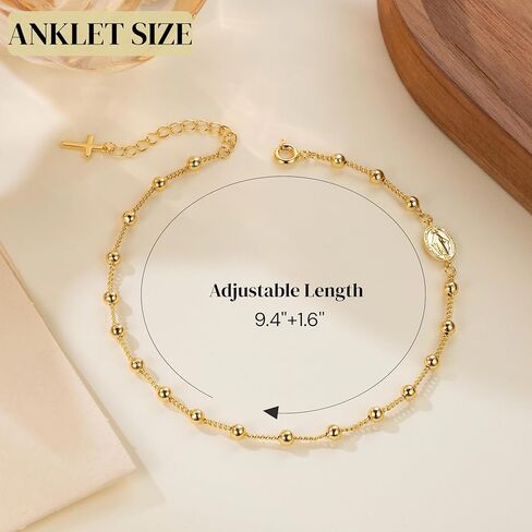 14K Gold Anklets for Women Gold Ankle Bracelets for Women Beads Accessory Chain Cross Anklets for Womens Virgin Mary Medallion and Delicate Cross Womens Ankle Bracelets Adjustable Length 9.4'' to 11'' in Saudi Arabia