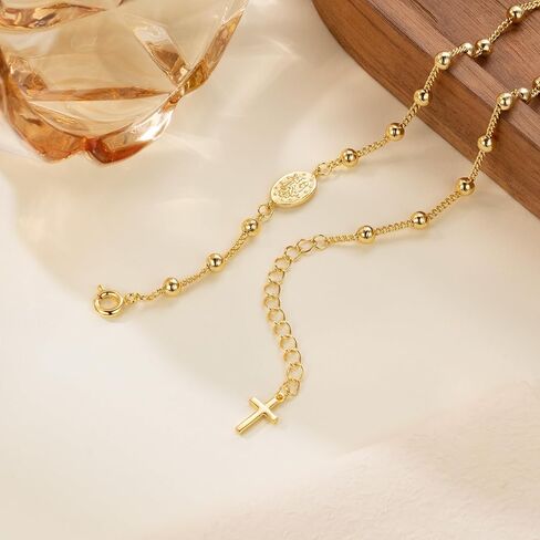 14K Gold Anklets for Women Gold Ankle Bracelets for Women Beads Accessory Chain Cross Anklets for Womens Virgin Mary Medallion and Delicate Cross Womens Ankle Bracelets Adjustable Length 9.4'' to 11'' in Saudi Arabia