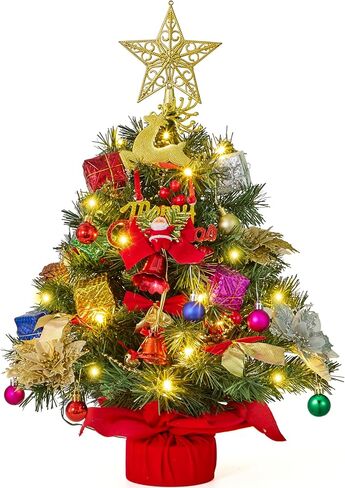 JOIEDOMI 24"/2FT Pre-lit Tree with Decoration Kit Artificial Christmas Tabletop Tree with 70 Branch Tips 30 LED Lights, Includes Star Topper Ornaments, Battery Operated Mini Tree for Indoor Xmas Decor in Saudi Arabia