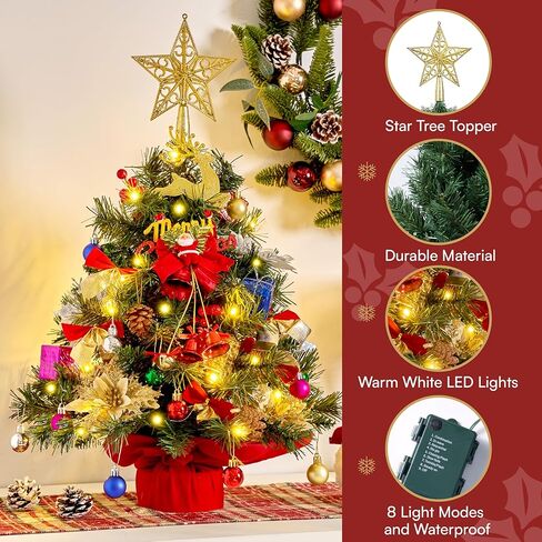 JOIEDOMI 24"/2FT Pre-lit Tree with Decoration Kit Artificial Christmas Tabletop Tree with 70 Branch Tips 30 LED Lights, Includes Star Topper Ornaments, Battery Operated Mini Tree for Indoor Xmas Decor in Saudi Arabia