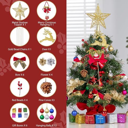 JOIEDOMI 24"/2FT Pre-lit Tree with Decoration Kit Artificial Christmas Tabletop Tree with 70 Branch Tips 30 LED Lights, Includes Star Topper Ornaments, Battery Operated Mini Tree for Indoor Xmas Decor in Saudi Arabia
