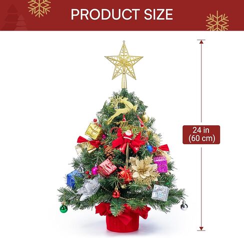 JOIEDOMI 24"/2FT Pre-lit Tree with Decoration Kit Artificial Christmas Tabletop Tree with 70 Branch Tips 30 LED Lights, Includes Star Topper Ornaments, Battery Operated Mini Tree for Indoor Xmas Decor in Saudi Arabia
