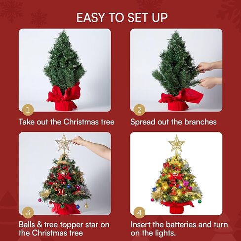 JOIEDOMI 24"/2FT Pre-lit Tree with Decoration Kit Artificial Christmas Tabletop Tree with 70 Branch Tips 30 LED Lights, Includes Star Topper Ornaments, Battery Operated Mini Tree for Indoor Xmas Decor in Saudi Arabia
