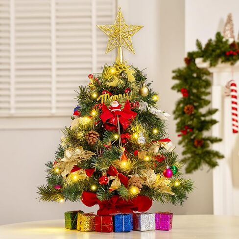 JOIEDOMI 24"/2FT Pre-lit Tree with Decoration Kit Artificial Christmas Tabletop Tree with 70 Branch Tips 30 LED Lights, Includes Star Topper Ornaments, Battery Operated Mini Tree for Indoor Xmas Decor in Saudi Arabia