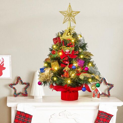 JOIEDOMI 24"/2FT Pre-lit Tree with Decoration Kit Artificial Christmas Tabletop Tree with 70 Branch Tips 30 LED Lights, Includes Star Topper Ornaments, Battery Operated Mini Tree for Indoor Xmas Decor in Saudi Arabia