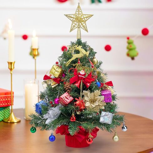 JOIEDOMI 24"/2FT Pre-lit Tree with Decoration Kit Artificial Christmas Tabletop Tree with 70 Branch Tips 30 LED Lights, Includes Star Topper Ornaments, Battery Operated Mini Tree for Indoor Xmas Decor in Saudi Arabia