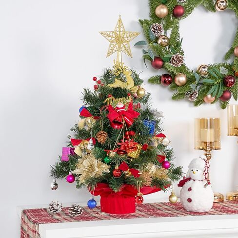 JOIEDOMI 24"/2FT Pre-lit Tree with Decoration Kit Artificial Christmas Tabletop Tree with 70 Branch Tips 30 LED Lights, Includes Star Topper Ornaments, Battery Operated Mini Tree for Indoor Xmas Decor in Saudi Arabia