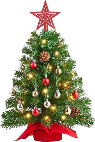 JOIEDOMI 24"/2FT Pre-lit Tree with Decoration Kit Artificial Christmas Tabletop Tree with 70 Branch Tips 30 LED Lights, Includes Star Topper Ornaments, Battery Operated Mini Tree for Indoor Xmas Decor in Saudi Arabia