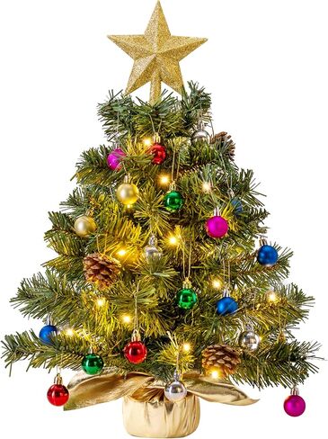 JOIEDOMI 24"/2FT Pre-lit Tree with Decoration Kit Artificial Christmas Tabletop Tree with 70 Branch Tips 30 LED Lights, Includes Star Topper Ornaments, Battery Operated Mini Tree for Indoor Xmas Decor in Saudi Arabia