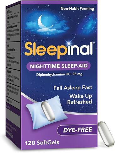 Sleepinal Maximum Strength Nighttime Sleep Aid, Diphenhydramine 50 mg, Dye-Free Soft Gels, Fall Asleep Fast, Non-Habit Forming Sleep Aids for Adults, 120 Count in Saudi Arabia