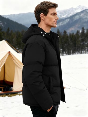 Men's Puffer Jacket Winter Warm Windproof Thicken Coats with Hooded Water-Resistant Full Zip Quilted Coat in Saudi Arabia