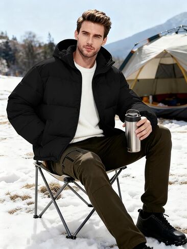 Men's Puffer Jacket Winter Warm Windproof Thicken Coats with Hooded Water-Resistant Full Zip Quilted Coat in Saudi Arabia