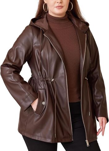 سترة نسائية من الجلد الصناعي مقاس كبير، معطف طويل بغطاء للرأس، سترة لراكبي الدراجات النارية من البولي يوريثان مع رباط in Kuwait