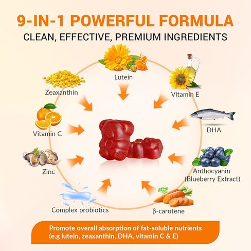 Lutein and Zeaxanthin Gummies Supplements Support Eye Health, 9 in 1 with Vitamin E and C, B-carotene, DHA, Zinc, Anthocyanin (Blueberry Extract), Complex Probiotics, Non-GMO, Gluten Free I 60 Gummies in Saudi Arabia