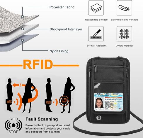 محفظة رقبة للسفر مع حامل جواز سفر يحجب RFID، محفظة رقبة مخبأة RFID، حقيبة تخزين للرقبة للحفاظ على بطاقات الائتمان ووثائق السفر آمنة وتغيير صغير (أسود) in Kuwait