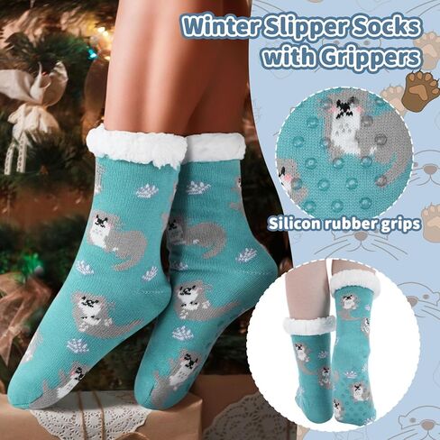 Shihanee 2 Pairs Women Funny Animal Fuzzy Slipper Socks Christmas Gift Winter Sherpa Plush Grip Socks with Thick Cozy Lined in Saudi Arabia