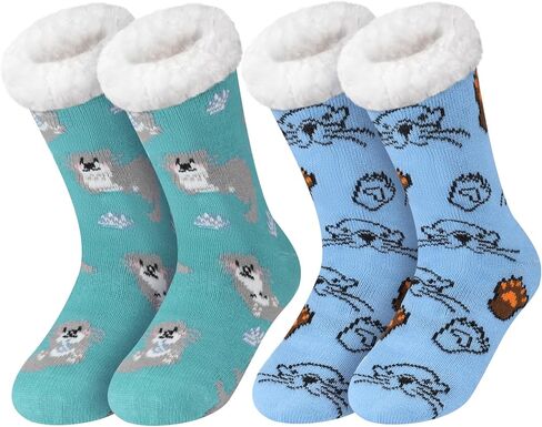 Shihanee 2 Pairs Women Funny Animal Fuzzy Slipper Socks Christmas Gift Winter Sherpa Plush Grip Socks with Thick Cozy Lined in Saudi Arabia