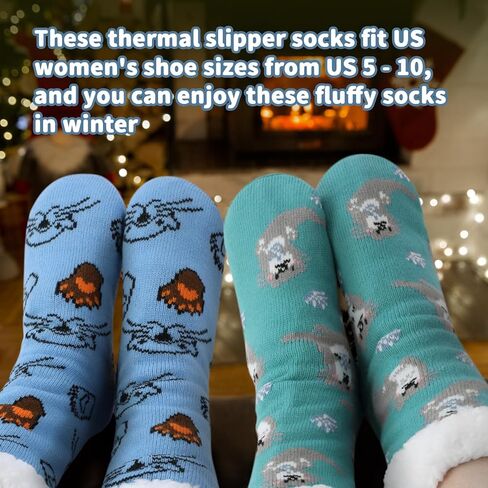 Shihanee 2 Pairs Women Funny Animal Fuzzy Slipper Socks Christmas Gift Winter Sherpa Plush Grip Socks with Thick Cozy Lined in Saudi Arabia