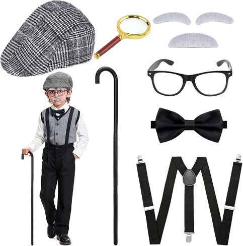 100 يوم من إكسسوارات الأزياء المدرسية للأولاد ملحقات الجد التنكرية مع قبعة ونظارات وعصا وربطة عنق وحمالات وعدسة مكبرة وحواجب وشارب in Kuwait