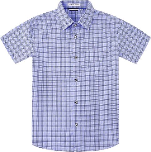 WARHORSEE بنين عادية زر أسفل قمصان قصيرة الأكمام التجاعيد الحرة 4-Way تمتد فستان Shirs قمصان مربعة النقش للأطفال 6-14 سنة in Kuwait