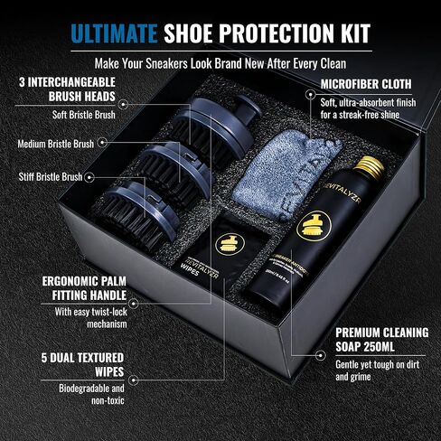 Ultimate Shoe Cleaning Kit – 250ml Non-Toxic Shoe Cleaner with 3 Brushes with Handle, 5 Wipes & Microfiber Cloth – Leather, Suede, Canvas, Mesh & Boots Shoe Care Kit in Saudi Arabia