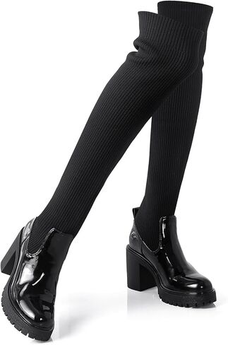Shoe'N Tale Thigh High Boots for Women Round Toe Platform Heeled Stretch Knit Over the Knee Boots in Saudi Arabia