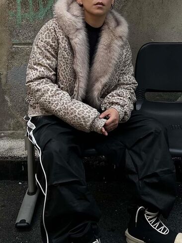 Leopard Cheetah Fuzzy Hoodie Winter Coat Lined Thicken Denim Leopard Print Hooded Jacket in Kuwait