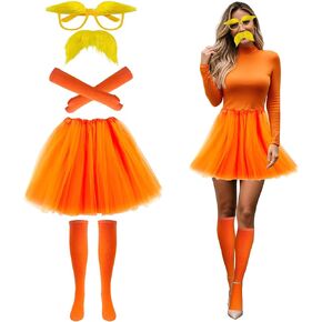 Yellow Mustache and Eyebrows with Glasses Orange Tutu Skirt Socks Gloves Headband Set, Halloween Costume Accessories for Girls Cosplay Costume Set Funny Fake Beard Party Favor in Kuwait