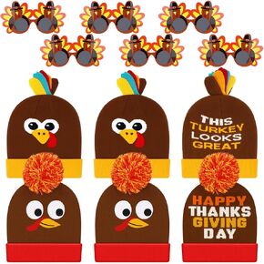 12 Pcs Thanksgiving Turkey Pom Pom Beanie Hat with Funny Turkey Sunglasses, Adults Thanksgiving Role Play Knitted Cap for Men Women Running Holiday Party Favors in Saudi Arabia
