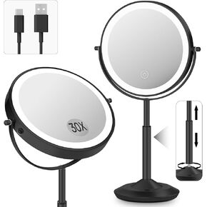 Makeup Mirror with Lights, 1X/30X Lighted Magnifying Mirror Height Adjustable, 3000mAh Rechargeable Double Sided Vanity Mirrors with 3 LED Lighting and Adjustable Brightness for Desk Women Gift in Saudi Arabia