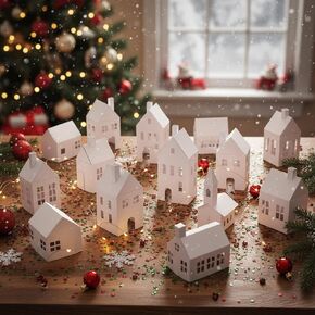 Epakh 12 Pcs DIY Putz House Village Kit for Christmas Unassembled Mini Cardboard Houses to Make Your Own Glitter Village(Kraft White) in Kuwait