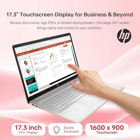 كمبيوتر محمول HP 2023 17t Premium Rose Gold، شاشة لمس 17.3 بوصة HD+، Intel Core i5-1335U، ذاكرة الوصول العشوائي 16 جيجابايت، 1 تيرابايت SSD، كاميرا ويب، قارئ FP، لوحة مفاتيح بإضاءة خلفية، HDMI، Wi-Fi 6، Windows 11 Home in Saudi Arabia
