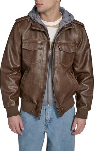 Levi's mens Faux Leather Aviator Bomber Jacket With Jersey Bib and Hood in Saudi Arabia
