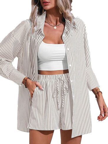 Women's 2 Piece Outfits Striped Button Down Long Sleeve Shirt Top and Drawstring Shorts Set in Saudi Arabia