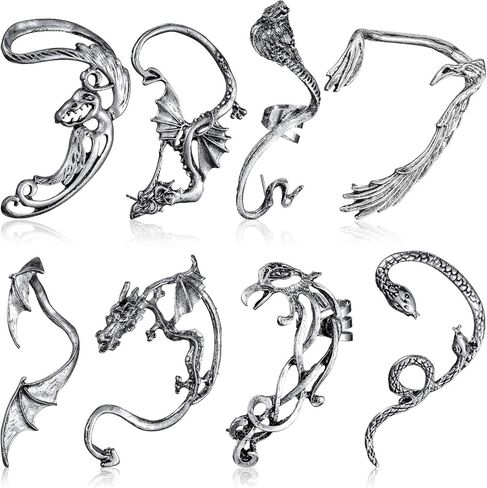 8 Pcs Punk Earrings Dragon Ear Cuff Vintage Retro Snake Bat Crow Ear Climber Earrings Gothic Ear Clip Wrap for Women Men Party Dress in Saudi Arabia