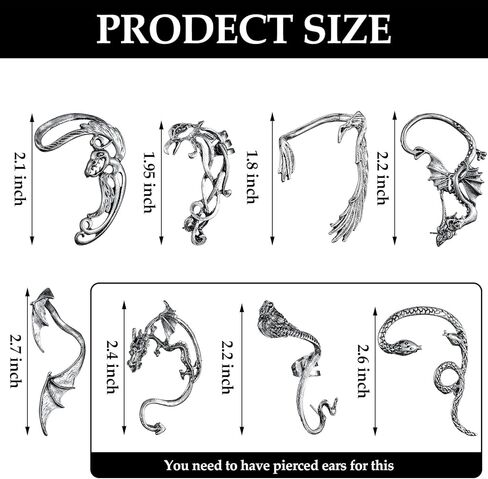 8 Pcs Punk Earrings Dragon Ear Cuff Vintage Retro Snake Bat Crow Ear Climber Earrings Gothic Ear Clip Wrap for Women Men Party Dress in Saudi Arabia