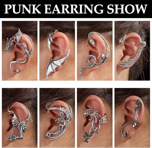 8 Pcs Punk Earrings Dragon Ear Cuff Vintage Retro Snake Bat Crow Ear Climber Earrings Gothic Ear Clip Wrap for Women Men Party Dress in Saudi Arabia
