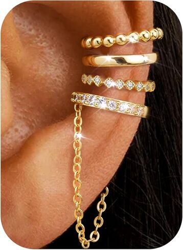 Florideco 4Pcs Ear Cuffs Non-Piercing for Women Dainty 14K Gold Plated Clip On Cartilage Earrings Hypoallergenic Huggie Hoop Cuffs Fake Earings for Non Pierced Ears in Saudi Arabia