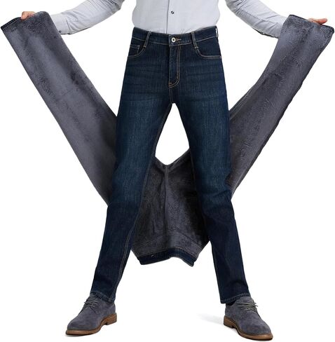 Thermal Stretch Jeans for Men Fleece Lined Winter Pants Regular Fit Business Casual in Saudi Arabia
