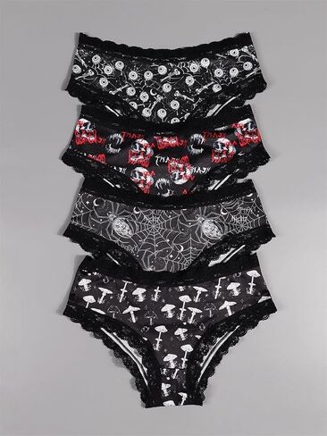 Gothic Halloween Women's Lace Briefs, 4-Piece Set, Black with Skull, Eyeballs, Spider Web, Mushroom Prints in Saudi Arabia