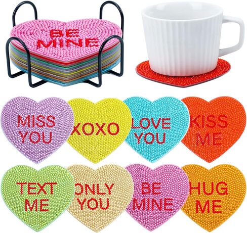 UPINS 8Pcs Valentine's Day Diamond Art Painting Coasters for Drinks DIY Life Coaster Diamond Art Kits for Adults Kids Beginners Diamond Art Craft Supplies in Kuwait