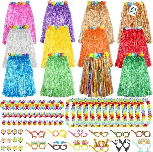 84 Pcs Hawaiian Luau Party Supplies, Adjustable Grass Hula Skirts Set with Leis Necklaces Headbands Bracelets, Hair Clips and Glasses for Tropical Birthday Party Decor and Favors in Saudi Arabia